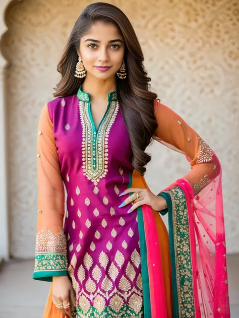 a woman in a purple and orange suit posing for a picture