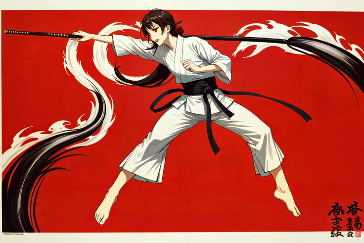 Nihonga style with traditional Japanese painting techniques and materials, often depicting traditional themes and motifs, An anime-inspired visual style with colorful characters, expressive features, and vibrant backgrounds,  Martial arts tournament showca...