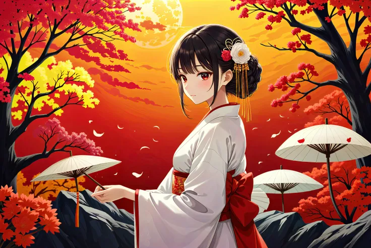 anime girl in kimono outfit holding a fan in front of a sunset