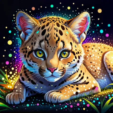 Pointillist style with small, distinct dots of color that blend together to form an image, little puma cub laying on ground, small dots, distinct, blend together, dotted, intricate, optical illusion, vibrant, detailed, iridescent lights
,Pointillist style ...