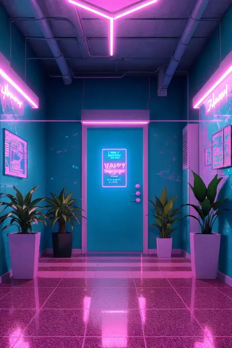 a purple neon light shines brightly in a blue hallway