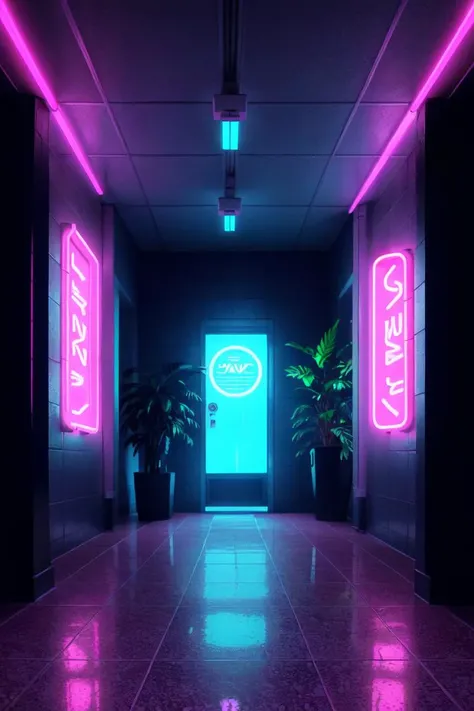 synthwave punk style, vaporwave style, synthwave, vaporwave colors, nvinkpunk, (masterpiece, best illustration, extreme light and shadow), checkered floor, indoors, neon lights, no humans, plant, potted plant, scenery, speaker, tile floor, tiles, rule of t...