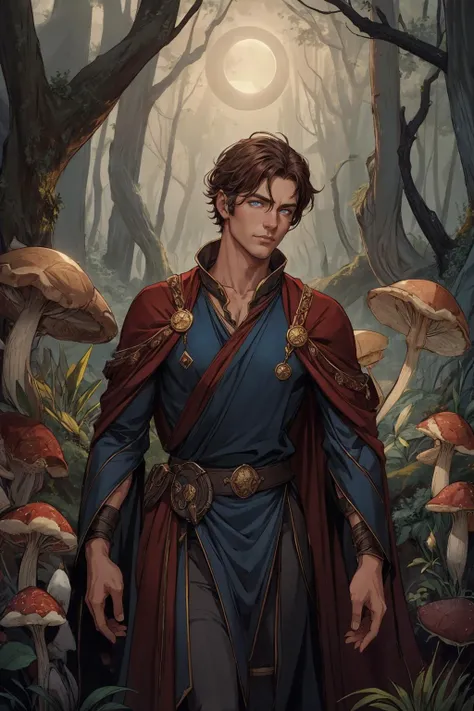 a man in a red cape standing in front of mushrooms