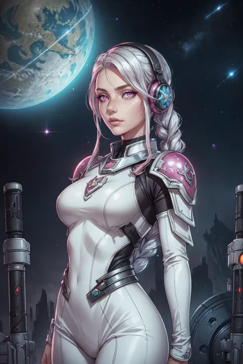 a woman in a white suit standing in front of a planet