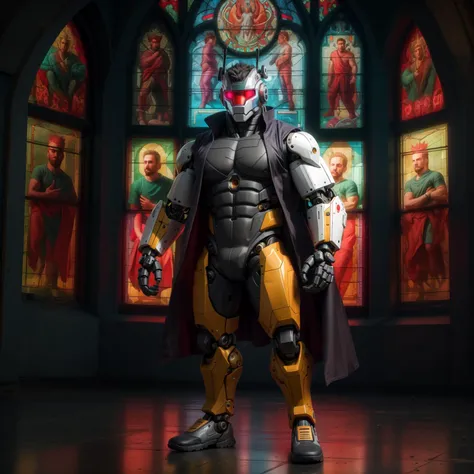 (masterpiece,high quality),1man,full body,bara,muscular male,huge pecs,cyberpunk,photorealistic,scifi,machine,robot,vest,Mechanical prosthetics,Mechanical prosthetics,Roman Emperor,duster coat,black vest,Mechanical joints,<lora:stgl2023:1>,Stained glass wi...