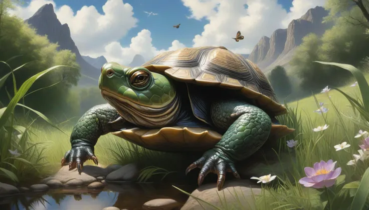 there is a painting of a turtle sitting on a rock in the grass