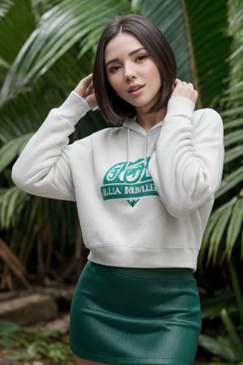 photo of S443_EveSweet,a stunning woman,in a (jungle-village:1.1),wearing a (sweatshirt),(skirt),(4k, RAW photo, best quality, 50mm, depth of field, ultra high res:1.1),(intricate, photorealistic, cinematic-shot, masterpiece, ultra-detailed:1.1),