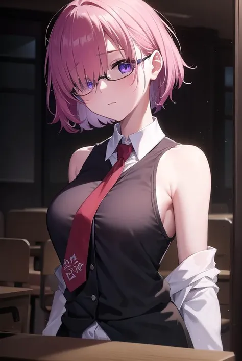 mashkyrielight, <lyco:mashkyrielight-lyco-nochekaiser:1>, 
mash kyrielight, glasses, hair between eyes, hair over one eye, (purple eyes:1.1), pink hair, short hair,
BREAK hood, shirt, collared shirt, white collar, black shirt, necktie, red necktie, sleevel...