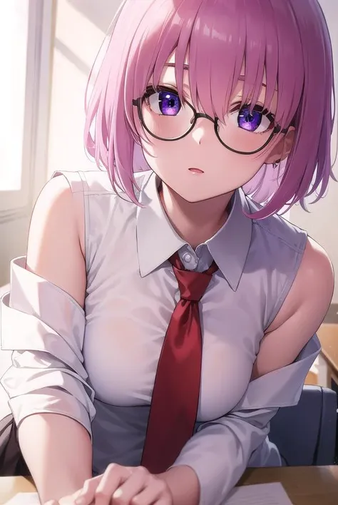 mashkyrielight, <lyco:mashkyrielight-lyco-nochekaiser:1>, 
mash kyrielight, glasses, hair between eyes, hair over one eye, (purple eyes:1.1), pink hair, short hair,
BREAK hood, shirt, collared shirt, white collar, black shirt, necktie, red necktie, sleevel...