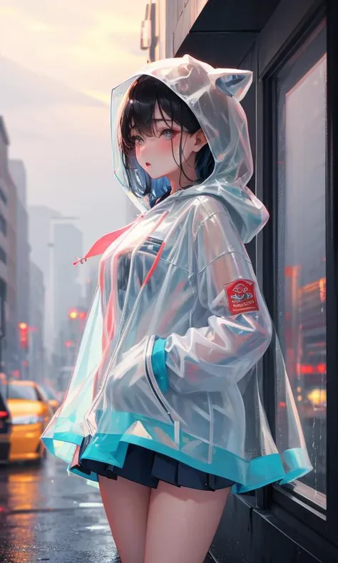 transparent raincoat,cowboy shot,hood up,school uniform,, masterpiece,1girl,cute,rain,sexy,