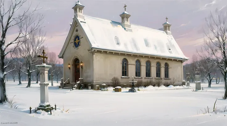 painting of a church in the snow with a cross on the front