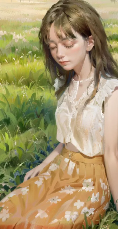 painting of a woman sitting in a field of grass with a bird