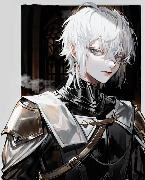 au (d elete, <lora:au_d_elete_offset:1.1>, 1boy,white hair, straight hair, hair between eyes, (short hair), undercut, gray eyes, fair skin, black fur trim, gloves,(knight armor:1.3), medieval, disdain, solo, upper body, medieval village, overcast, fog, whi...