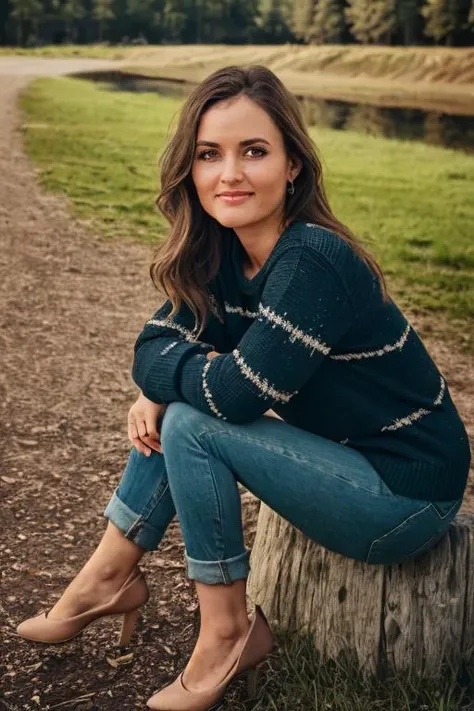 ((Wearing a sweater)) and ((very distressed jeans)), ((Professional Photo Shoot)), ((in the country next to a river)), ((Sitting on the grass with legs crossed)), smiling, model shoot style, extremely intricate, High Detail, Sharp focus, dramatic, soft cin...