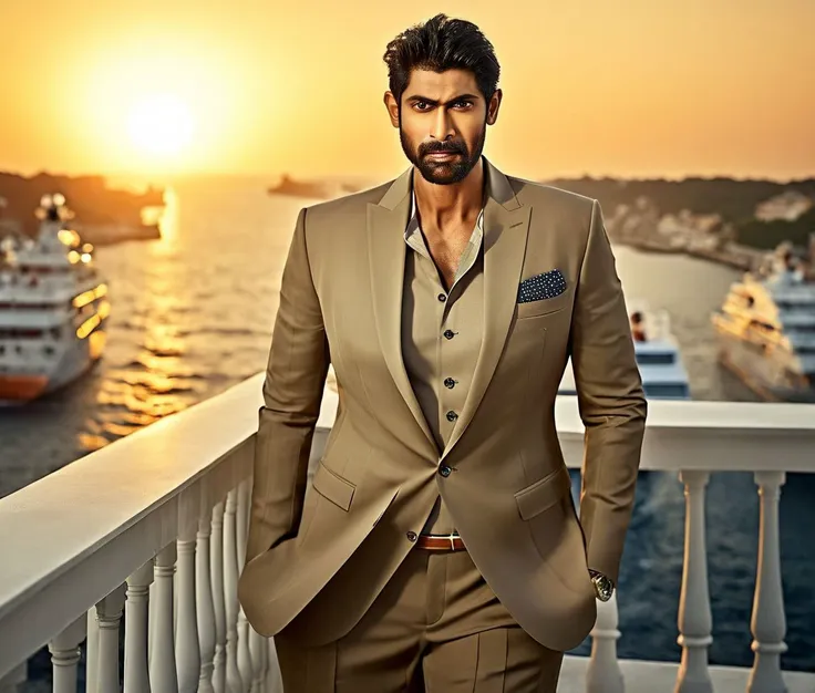 araffeed man in a tan suit standing on a balcony overlooking a body of water