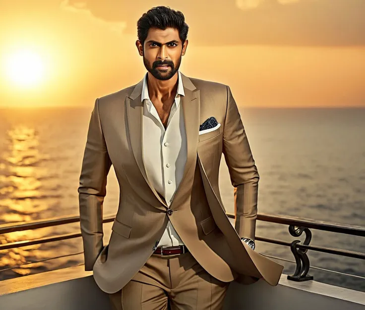 araffeed man in a tan suit standing on a balcony overlooking the ocean