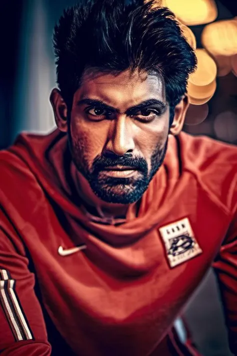 a close up of a man with a beard and a red shirt