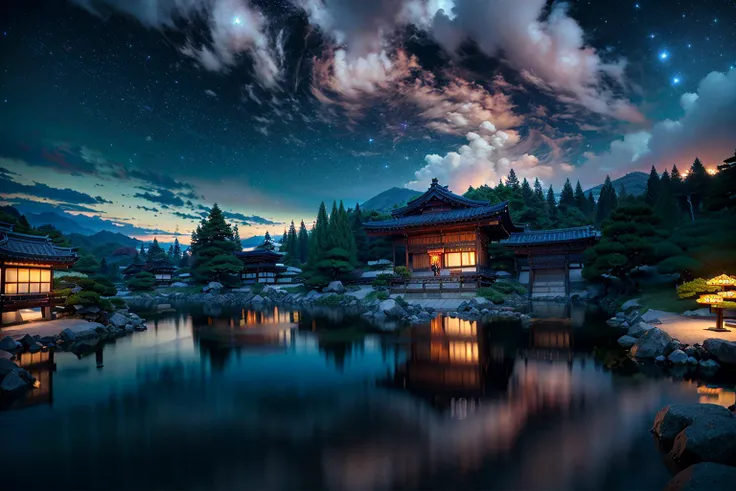 arafed view of a japanese garden with a pond and a sky full of stars