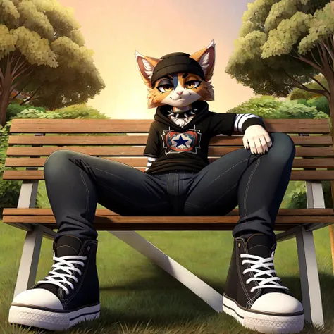 (by hioshiru), (fluffy), detailed face, detailed eyes,
uploaded on e621, focussed, smirk, ((sitting)), ((solo)), feet, foot focus, meowskulls, cat ears, beanie, cat tail, striped sleeves, half-closed eyes, clothing, black jeans, boots, enhanceconverse, sho...