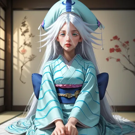 anime - style woman in a blue kimono sitting on a bed