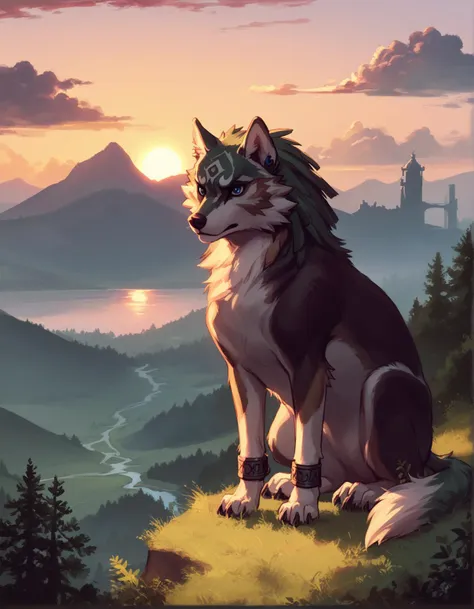 a painting of a wolf sitting on top of a hill