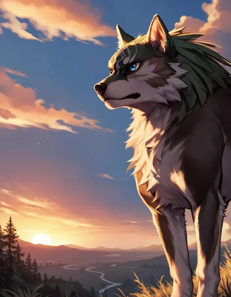 anime wolf with blue eyes standing on a hill at sunset