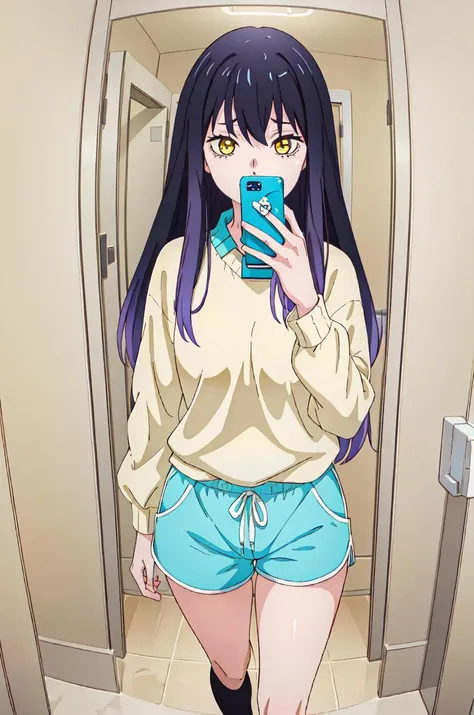 anime girl taking a selfie in a mirror with her cell phone