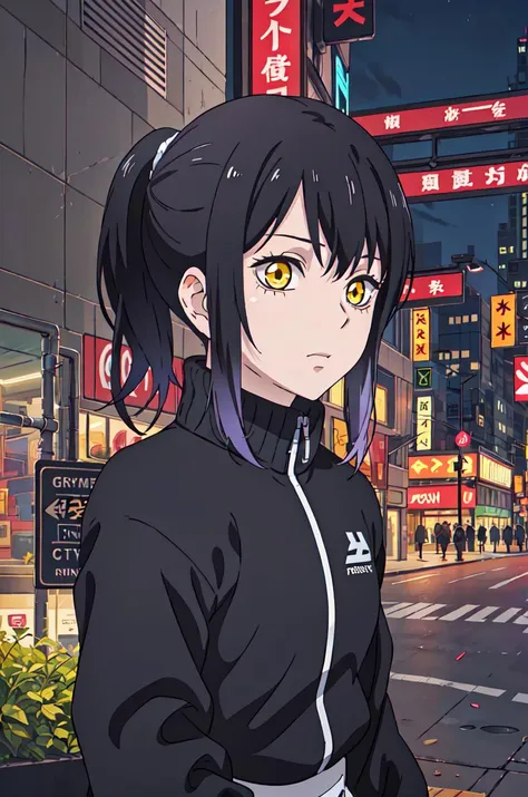 anime girl in black jacket standing on street corner in city