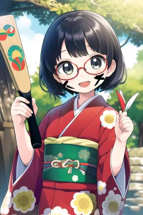 masterpiece, best quality,1girl,ultra detail,outdoor,kimono,hagoita,hanetsuki,shuttlecock,wide sleeves ,smile,open mouth,HNTK<lora:battledore_and_shuttlecock_v1:0.6>paddle, obi, new year,black hair,looking at viewer,glasses,face paints