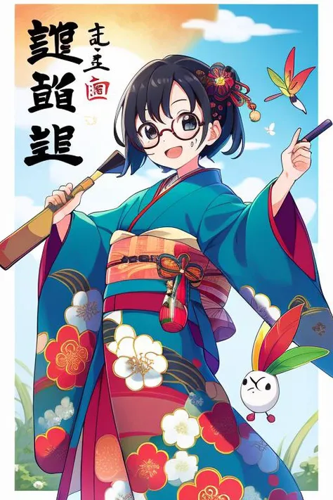 masterpiece, best quality,1girl,ultra detail,outdoor,kimono,hagoita,hanetsuki,shuttlecock,wide sleeves ,smile,open mouth,HNTK<lora:battledore_and_shuttlecock_v1:0.6>paddle, obi, new year,black hair,looking at viewer,glasses,face paints