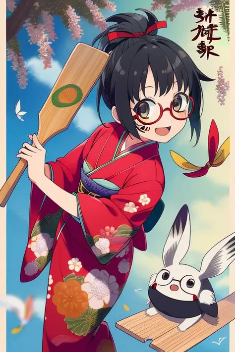 masterpiece, best quality,1girl,ultra detail,outdoor,kimono,hagoita,hanetsuki,shuttlecock,wide sleeves ,smile,open mouth,HNTK<lora:battledore_and_shuttlecock_v1:0.6>paddle, obi, new year,black hair,looking at viewer,glasses,face paints