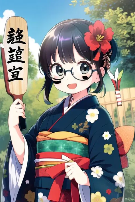 masterpiece, best quality,1girl,ultra detail,outdoor,kimono,hagoita,hanetsuki,shuttlecock,wide sleeves ,smile,open mouth,HNTK<lora:battledore_and_shuttlecock_v1:0.6>paddle, obi, new year,black hair,looking at viewer,glasses,face paints