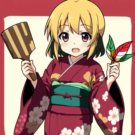 <lora:battledore_and_shuttlecock_v1:0.5>,1girl, looking at viewer, long sleeves, paddle, wide sleeves, kimono, obi, new year, kimono, HNTK, shuttlecock, hanetsuki, hagoita