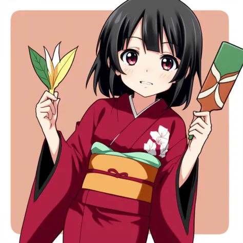 <lora:battledore_and_shuttlecock_v1:0.5>,1girl, looking at viewer, long sleeves, paddle, wide sleeves, kimono, obi, new year, kimono, HNTK, shuttlecock, hanetsuki, hagoita, black hair