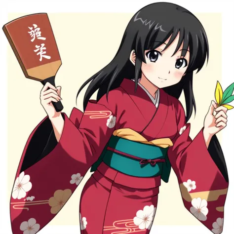 <lora:battledore_and_shuttlecock_v1:0.5>,1girl, looking at viewer, long sleeves, paddle, wide sleeves, kimono, obi, new year, kimono, HNTK, shuttlecock, hanetsuki, hagoita, black hair