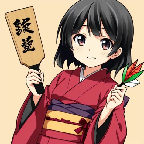 <lora:battledore_and_shuttlecock_v1:0.5>,1girl, looking at viewer, long sleeves, paddle, wide sleeves, kimono, obi, new year, kimono, HNTK, shuttlecock, hanetsuki, hagoita, black hair