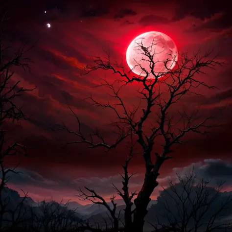 a red moon is seen over a tree with no leaves