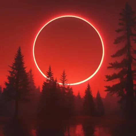 a red eclipse is seen over a forest with trees