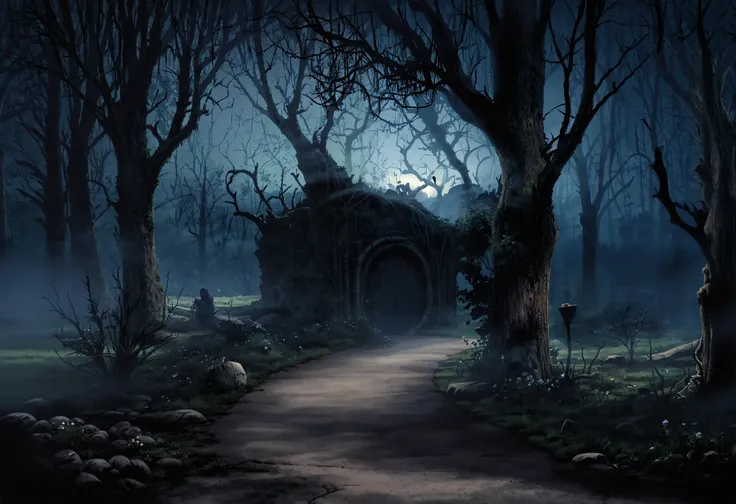 a dark forest with a path leading to a gate and a cemetery