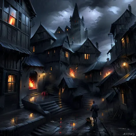 a painting of a dark city with a castle in the background