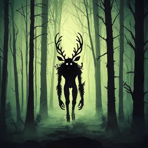 a dark forest with a deer in the middle of it