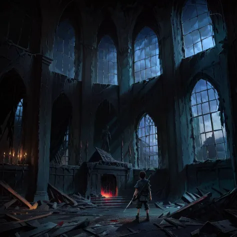 a woman stands in a ruined church with a sword in her hand