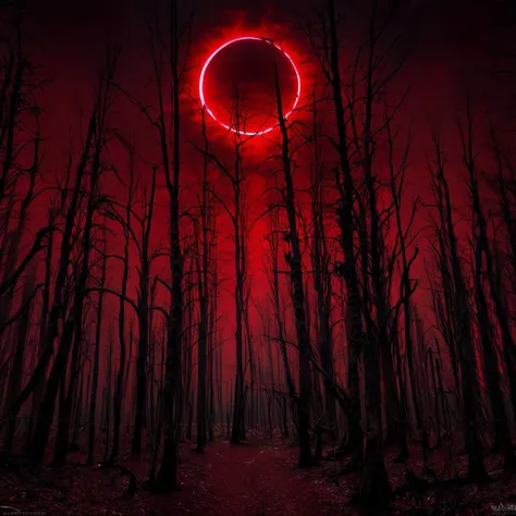 a red eclipse in the middle of a forest with trees