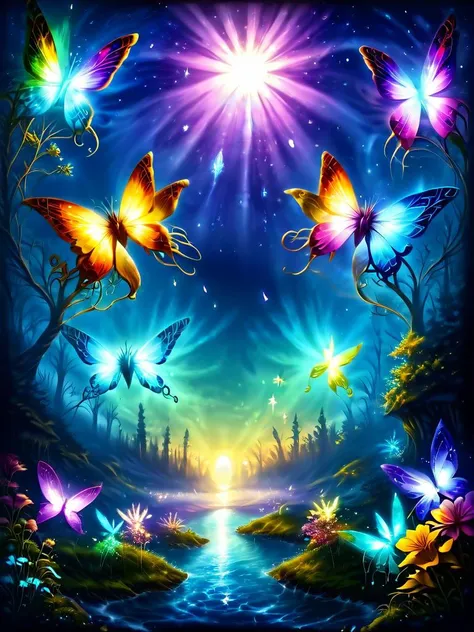 a painting of butterflies flying over a river in the night