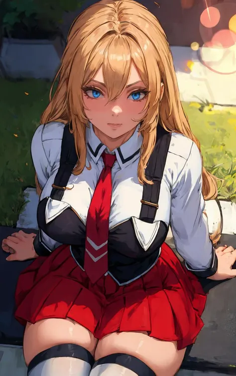 anime girl sitting on a bench with her hands on her hips