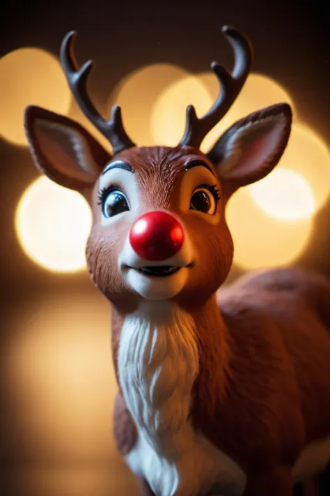 cinematic film still cinematic recreation of Rudolph the red nosed reindeer,(glowing red nose:1.4),bokeh,photorealistic,raw,8k,intricate details,dramatic light,award winning,RAW photography,film grain,(indistinguishable from reality:1.4),photo taken with a...