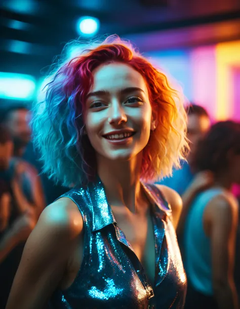 analog raw candid photo of a beautiful young woman dancing in a disco, realistic skin texture, multicolored hair, slim, happy, neon lights, 35mm, 8k, UHD, masterpiece