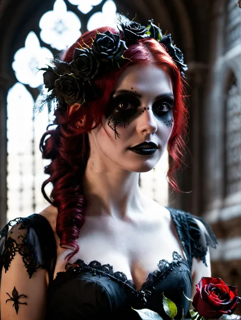 Horror-themed close up on face,bloody,evil,a 25 year old emo woman bride holding a bouquet of decaying black roses,black goth style wedding dress,walking down the aisle in an ancient abandoned cathedral,stain glass windows in the background,candle lit,red ...