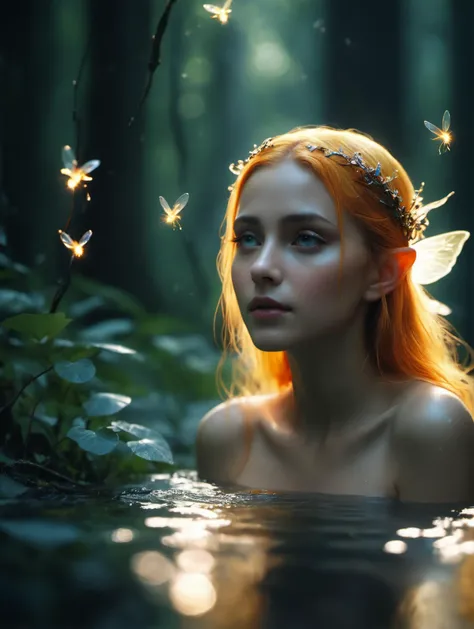 cinematic film still beautiful sunlit,weak lights and shadows,beautiful woman fairy elf,a glowing goddess woman red-yellow-blue elf,bathing in the pool,natural elements in forest theme. Mysterious forest,beautiful forest,nature,surrounded by flowers,delica...