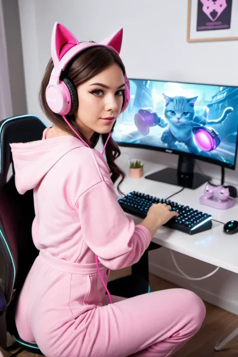 a 30 year old female gamer sits at her desk doing a twitch stream while playing a videogame,webcam pov,pink headphones with cat ears,pinnk jumpsuit,feminine bedroom,gaming chair,techie decor, Hyperrealistic art cinematic film still photography in the style...